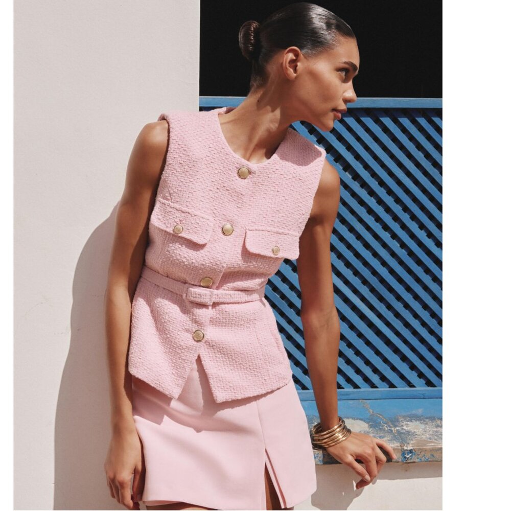 Zara Women Textured STRUCTURED BELTED VEST Pink M NWT - Picture 3 of 14